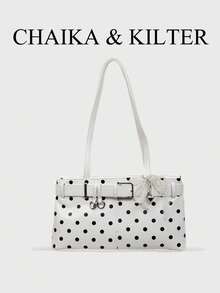 CHAIKA & KILTER 1件純色PU布料女款時尚肩背包，腋下HOBO包，滿版圓點圖案，肩帶裝飾，拉鍊開合，雙手把設計，適合日常購物（附吊飾） - 白色 - 查看 7