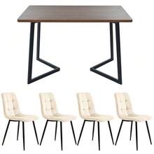 Dining Room Set (5 Pieces), Table And 4 Chairs, Modern Kitchen Set, Kitchen Table In Veined Wood With Black Metal Legs, Walnut-Colored MDF Top, Beige Velvet Dining Chairs - Natural Color - View 4