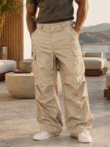 HEYKESON Big & Tall Mens Wide Leg Cargo Pants Adjustable Waist Multi Pocket Loose Fit Casual Work Trousers - Khaki - View 2