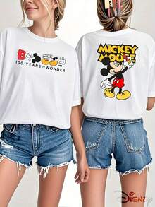 Disney Mickey Mouse Print Tshirt, Women's Casual Mickey Mouse 100 Years Of Wonder Print Short Sleeve Round Neck Black Cotton T-Shirt, Summer Tops - 白色 - 查看 1
