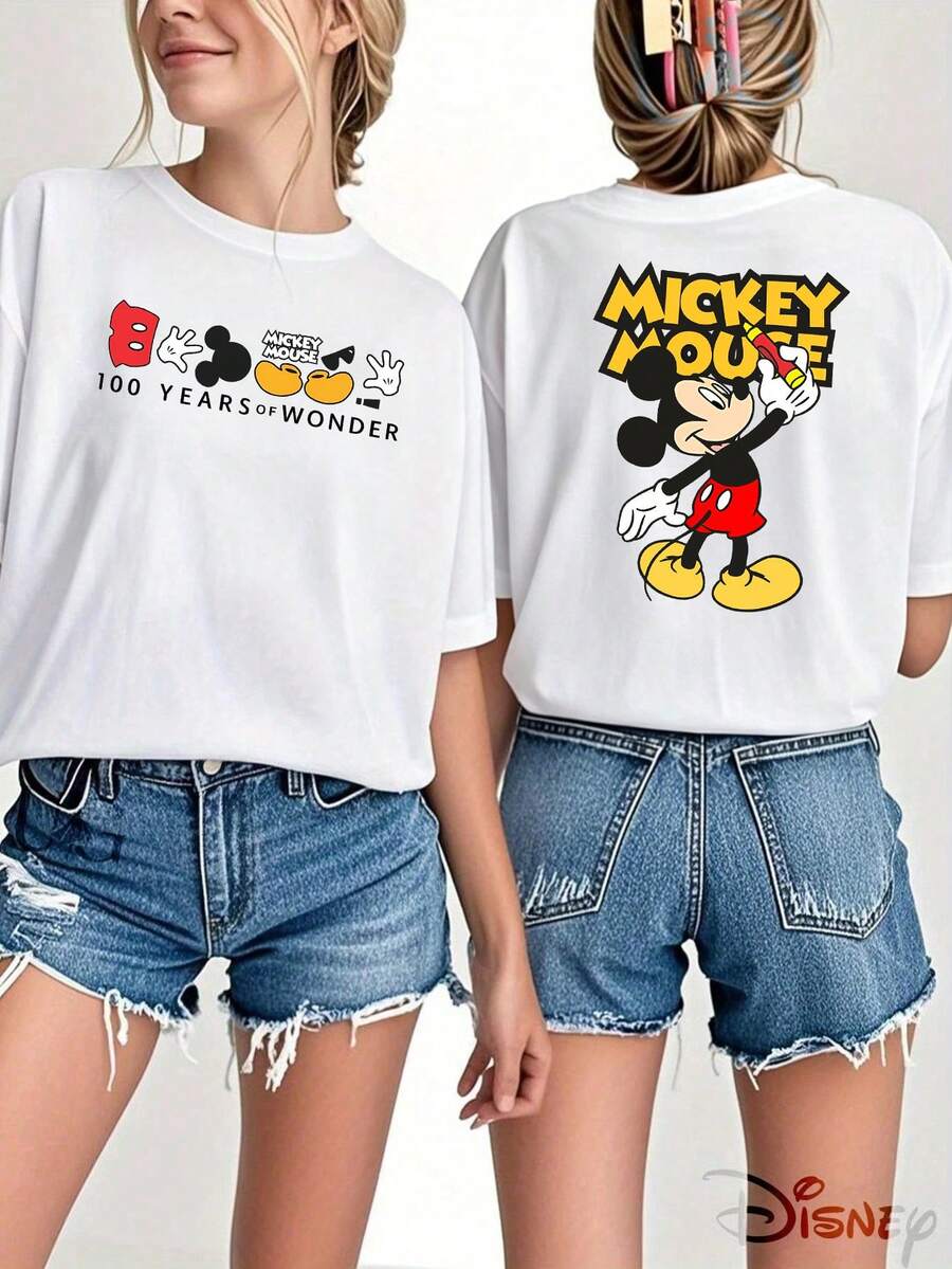 Disney Mickey Mouse Print Tshirt, Women's Casual Mickey Mouse 100 Years Of Wonder Print Short Sleeve Round Neck Black Cotton T-Shirt, Summer Tops - 白色 - 查看 1