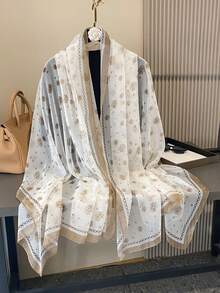 1pc Women's Simple Elegant Camellia Pattern Printed Chiffon Scarf, Suitable For Outdoor Activities, Casual Entertainment, Outerwear Sun Protection And Decorative Soft Gauze Shawl, Ideal Choice For Your Styling - Beige - View 2