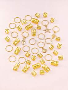47pcs Ocean Style Hair Rings With Golden Starfish, Conch, Shells & White Pearls - Assorted Shape Summer Adjustable Coastal Boho Jewelry For Braids,Hair Claws - Gold - View 3