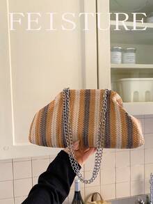 2026 Spring/Summer New Women's Handbag, Colorful Striped Woven Hard Shell Tote Bag - Brown - View 4