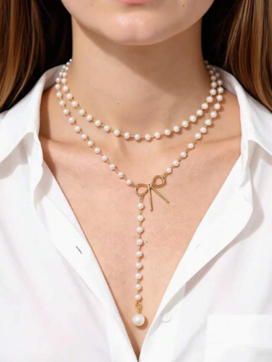 1pc Elegant Y-Shaped Beaded Bow Pendant Necklace, Minimalist Clavicle Chain Accessory For Girl - one-size - View 1