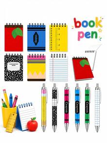 12pcs-Sticky Note & Ballpoint Pen Gift Set, Apple Pencil & Crayon Design, Welcome Back To School, Spiral Sticky Notes, First Day Of School - Multicolor - View 1