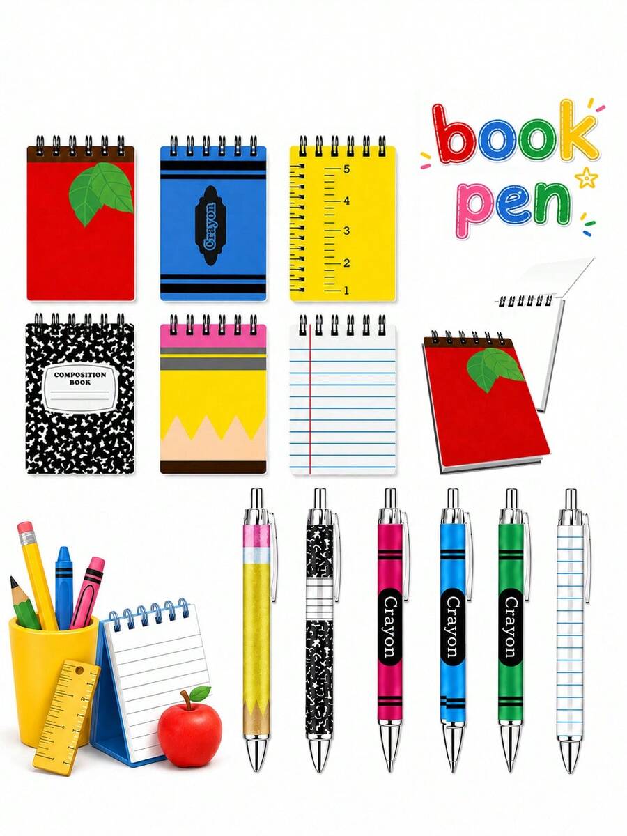 12pcs-Sticky Note & Ballpoint Pen Gift Set, Apple Pencil & Crayon Design, Welcome Back To School, Spiral Sticky Notes, First Day Of School - Multicolor - View 1