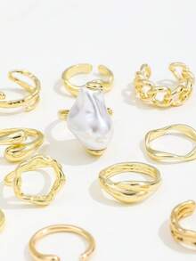 12 piezas Anillos de Perlas Falsas Estilo INS Barroco Francés, Juego de Anillos Multicapa Asimétricos con Línea de Lava para Mujeres - Dorado - Ver 3