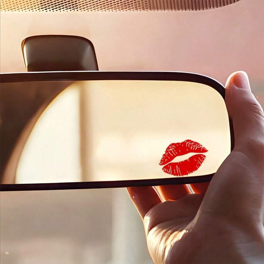 Red Lips Design, Fantasy Cartoon Theme, Self-Adhesive Rearview Mirror Car Sticker, Glossy Surface, Asymmetrical Shape, Suitable For Car, Motorcycle, Laptop, Glass Surface Decoration Sticker - A - View 1