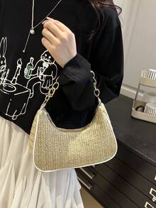 Fashion Solid Color Metal Chain Straw Crescent Women's Multi-Use Handbag Tote Bag Vacation Bag Beach Bag Casual Straw Bag Phone Bag - Khaki - View 4