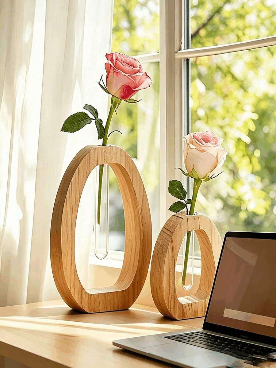 Wooden Hydroponic Plant Vase, Desktop Decorative Ornament, Creative Glass Tube Vase, High-End Floral Container, Suitable For Planting Flowers - Multicolor - View 1