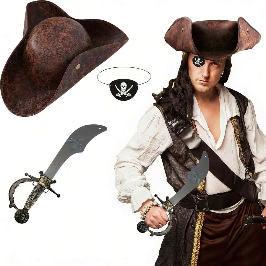 3pcs Pirate Party Accessories Set, Unisex Pirate Tricorne Hat Set, Suitable For Halloween Cosplay Party Costume, Perfect For Halloween Pirate Theme Party Accessories - Multicolor - View 1