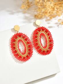 1 Pair Fashion Retro Personalized Handmade Beaded Hollow Red Geometric Oval Earrings, Premium Design Geometric Oval Circle Handmade Woven Earrings Suitable For Women's Daily, Vacation, Party Wear (Purely Handmade Woven Seed Beads Color Position Random) - Red - View 3