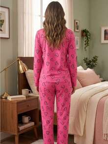 Women's Suede Heart Pajamas, Long-Sleeved Top And Pants, Winter Set REF:PJCO - 玫紅色 - 查看 2