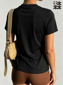 mulinsen 女款快乾網眼運動短袖上衣，極簡 SPORT 字母印花圓領修身健身 T-shirt - 黑色 - 查看 4