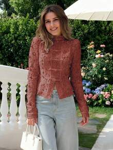 Women's Spring And Fall Elegant Semi-Sheer Lace Blouse With Stand Collar And Long Sleeves Regular Fit Button Details Woven Fabric Vacation - Brown - View 2