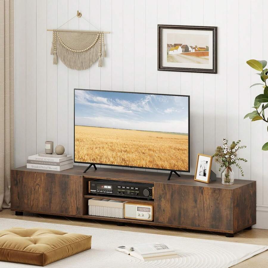 TV Stand For Up To 70 TVs 63 Minimalist Entertainment Center 2 Doors Open Shelves Media Console Table Storage Cabinet With 6 Support Feet Living Room Rustic Brown - 棕色 - 查看 1