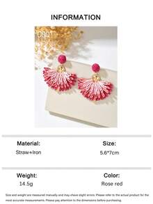 OOQ 1 Pair Bohemian Style Geometric Fan-Shaped Colorful Raffia Handmade Earrings, Dopamine Summer Vacation Party Music Festival Any Holiday Gift Women's Earrings - Hot Pink - View 6