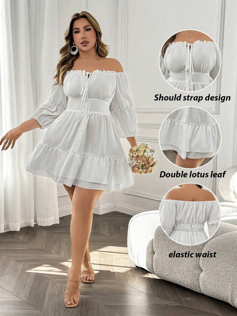 LUNE Vestido elegante para mujer de talla grande con hombros descubiertos, tirantes con lazo y borde con volantes - Blanco - Ver 1