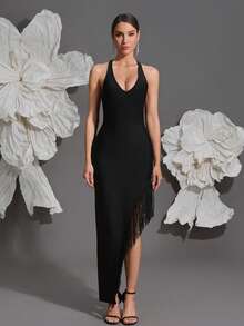 Vestido de mujer con cuello halter, de punto, con flecos y patchwork, estilo nuevo europeo & americano, para vacaciones, fiesta de noche, sexy, ajustado, para festival familiar, color negro - Negro - Ver 1