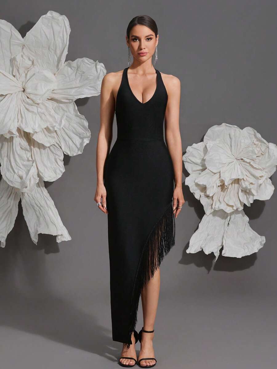 Vestido de mujer con cuello halter, de punto, con flecos y patchwork, estilo nuevo europeo & americano, para vacaciones, fiesta de noche, sexy, ajustado, para festival familiar, color negro - Negro - Ver 1