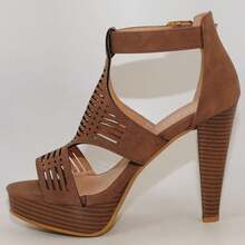 Western Bootie Stacked Heel Open Toe Cutout Shoes - Brown Nb - View 6