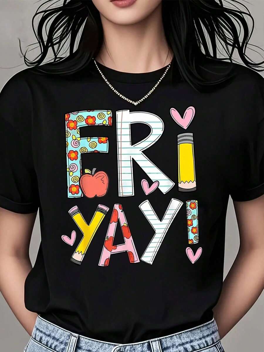 Cute Vintage School-Themed T-Shirt. Perfect For Back To School And Casual Friday Outfits. - 黑色 - 查看 1