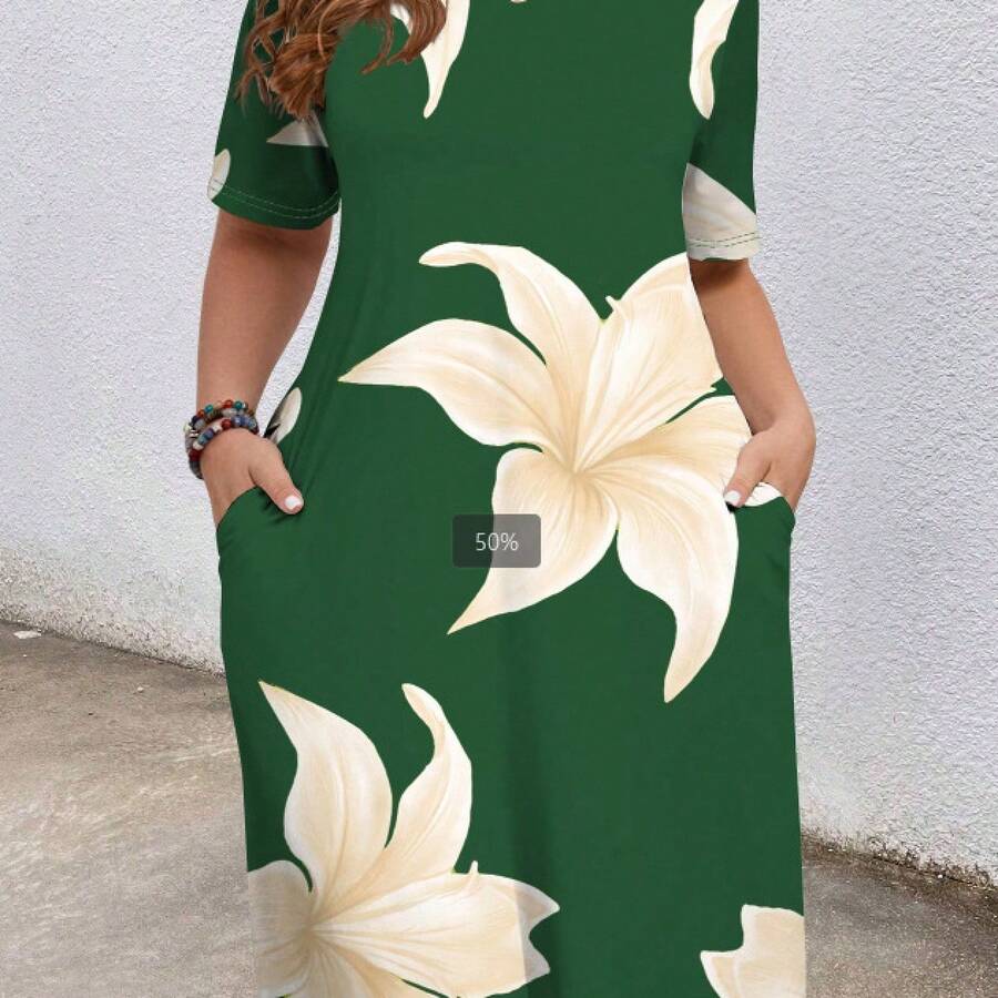 Plus Size Women Summer 2026 New Arrival Round Neck Contrast Color Short Sleeve Dress With Pockets Comfortable Elegant Fashion - Green Flowers - View 1