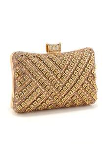 Handbag With Metal Handle, Evening Bag With Diamonds, Gold Wedding Clutch, Shoulder Bag With Chain, Small Handbag - Gold - View 3