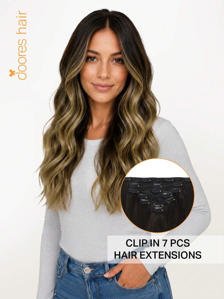 DOORES 7PCS Clip In Hair Extensions 100% Real Human Hair Dark Brown To Chestnut Brown And Dirty Blonde 14-24 Inch 115g, Remy Extensions For Clip In Human Hair With Invisible Straight - S2/4/22 - View 1