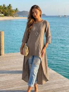 Women's Solid Color Casual Loose Asymmetrical Hem Round Neck Short Sleeve Top, Spring/Summer - Grey - View 5