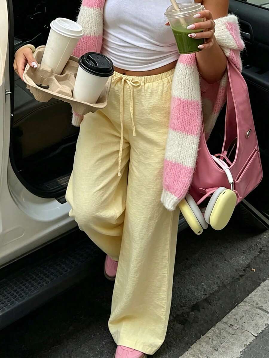 女款 1 件亞麻風寬腿高腰長褲,休閒慵懶風,春夏秋冬日常穿著與度假必備 - 黃色 - 查看 1