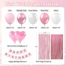 kumozawa 59pcs Pink Birthday Decorations Set - Pearl White, Metallic Pink Balloons, Tassels, Curtain, Banner, Suitable For Happy Birthday Decor - Pink - View 7