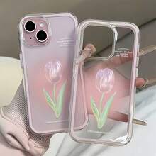 1個粉色邊框透明極簡鏡頭保護防摔防撞3D漸層粉色鬱金香圖案手機殼 個性化適用於 16 Pro Max 17/16/15/14 Plus/13/12/11 Air及系列 - 彩色 - 查看 4