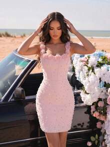 Modphy New Sexy Cold Shoulder Short Sleeve Backless Heavily Beaded 3D Floral Mini Pink Dress Vacation Wedding Party Fall - Pink - View 2