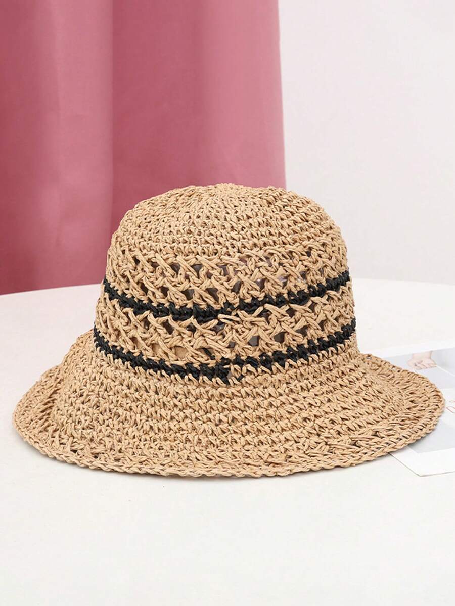 1 pezzo Cappello di paglia da donna casual in fibra di poliestere, adatto per uso quotidiano all'aperto - Multicolore - Visualizzare 1