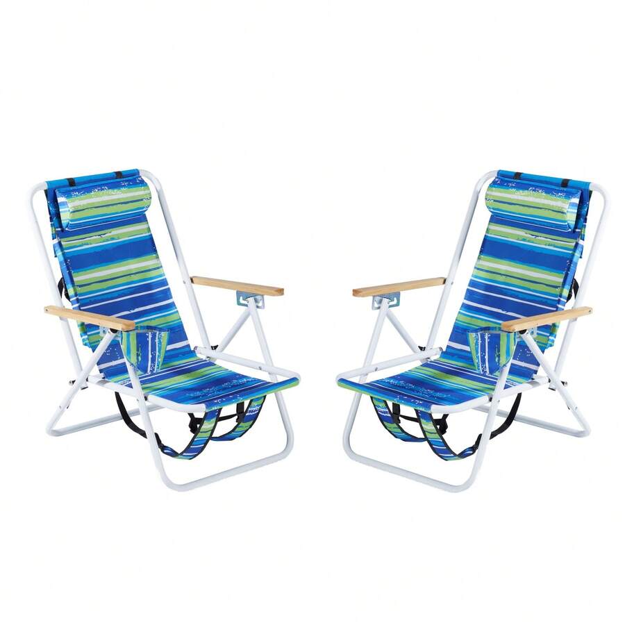 Folding Beach Chair Set Of 2 Adults, 4 Position Portable Backpack Foldable Camping Chair With Headrest Cup Holder And Wooden Armrests, Blue & Green Stripes - 1 - View 1