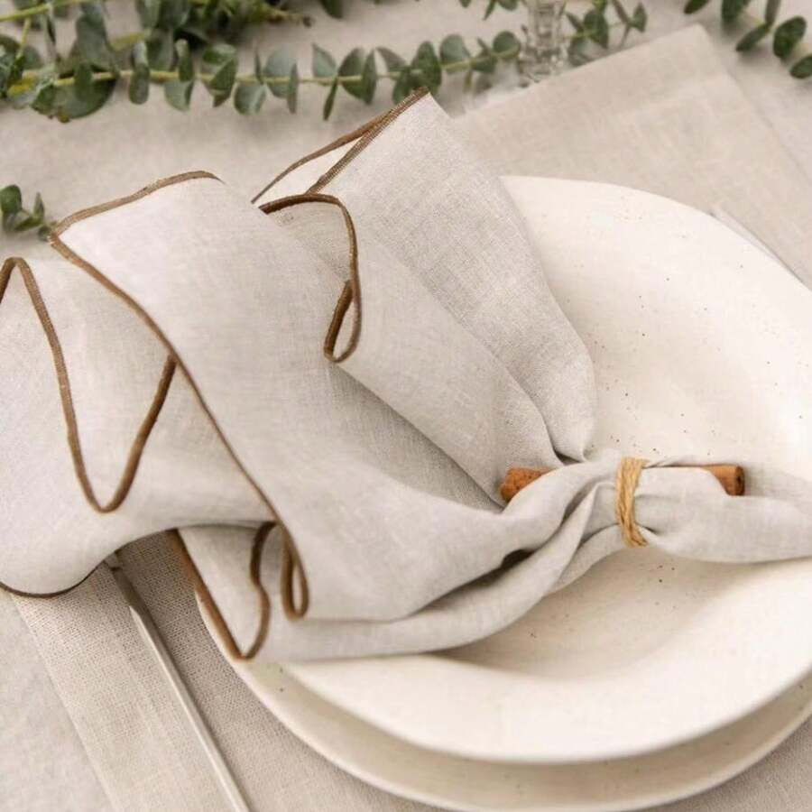1/2/6/10pcs Brown Hem Beige Cloth Napkin, Suitable For Wedding, Valentine's Day And Home Decoration - Beige - View 1