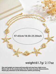 1pc Beach Ocean Style Metal Starfish Waist Chain Exaggerated Sexy Five-Pointed Star Shell Micro-Inlaid Transparent Rhinestone Body Chain Suitable For Women Party And Vacation Wear - Gold - View 5