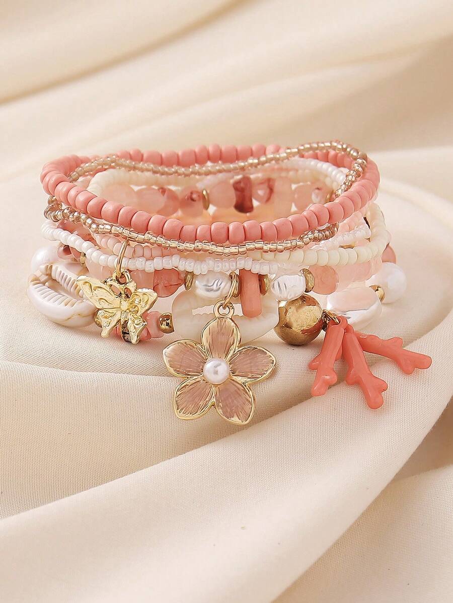 6pcs Bohemian Summer Vacation Style Creative Mix & Match Fashion Personalized Handmade Beaded Bracelet Set With Coral, Butterfly, Plumeria Charms, Layered, Multi-Strand, Elastic, Beaded, Suitable For Women, Bar, Party, Music Festival, Large Gathering, Perfect Gift For Friends And Family, All Seasons, Casual, Commute, Travel, Daily Wear - Flowers/Butterflies - View 1