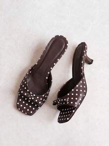 New Women's Summer Minimalist Fashion Solid Color Polka Dot Design Slip-On Square Toe Bow Decor Kitten Heel Brown Sandals, Suitable For Daily, Vacation, Beach, Dating, Women's Kitten Heel Shoes, Women's Vacation Sandals, Elegant Women's High Heels, Women's Brown Sandals, Comfortable, Brown High Heels, Women's High Heels, Women's Summer Sandals, Women's Beach Sandals - Brown - View 6