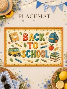1pc-Back To School Table Runner And Placemats Set, Yellow Alphabet School Supplies Print Dining Decor, Farmhouse Kitchen Table Mats For Fall Classroom Party Home Decoration - Multicolor - View 15