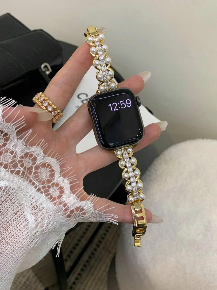 MAPUCE 1PC Luxurious Exquisite Double Row Pearl & Rhinestone Metal Watch Band, Compatible With Apple Watch 38/40/41/42/44/45/46/49mm, Suitable For Apple Watch Series Ultra/SE/11/10/9/8/7/6/5/4/3/2/1, Adjustable Length, Double Row Pearl With Rhinestone Inlay Design, High-End Exquisite, A Fashionable Accessory Watch Band Suitable For Women - Gold - View 1