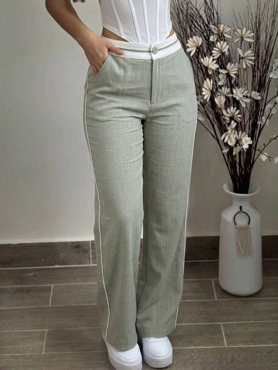 Vaiaye Women's Spring/Summer Colorblock High-Waist Wide-Leg Pants - Casual Linen Blend Long Pants, Suitable For Daily Casual & Office Business - Green - View 1