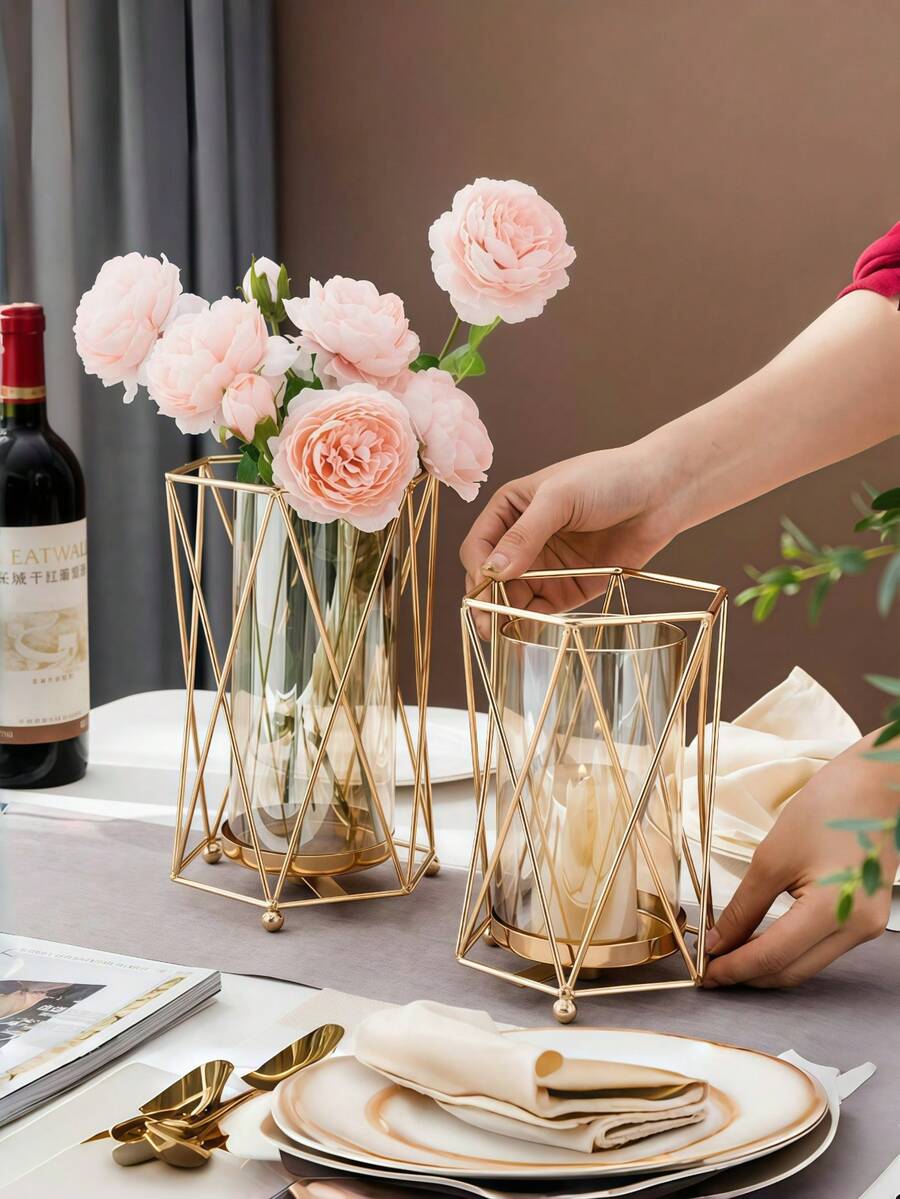 1 pieza Florero de hierro de lujo, adecuado para sala de estar del hogar, decoración de boda, accesorio para cena a la luz de las velas en restaurante, decoración del hogar, florero, centro de mesa, decoración de mesa, boda, cumpleaños, decoración de habitación, decoración de dormitorio, decoración de boda, decoración de casa, artículos de decoración del hogar, suministros de decoración de habitación, decoración de dormitorio, adorno decorativo. Regalo del Día de la Madre - Multicolor - Ver 1