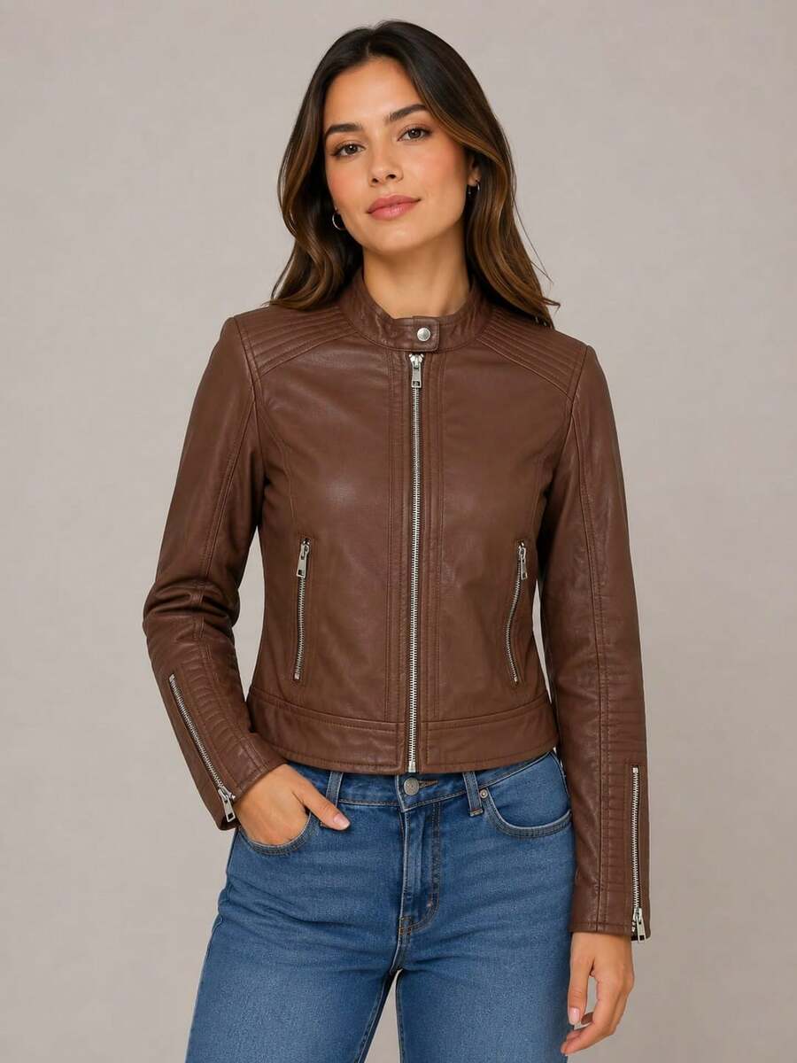 Women's Faux Leather Jacket With Zipper On The Sleeve And Buttoned Collar - 鏽棕色 - 查看 1