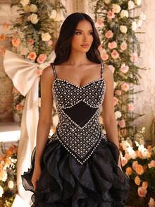 New Heavy Pearl & Rhinestone Embellished Apricot Sexy Sleeveless Backless Fashion Camisole Two Pieces Party Dress With Ruffle Skirt - Black - View 2