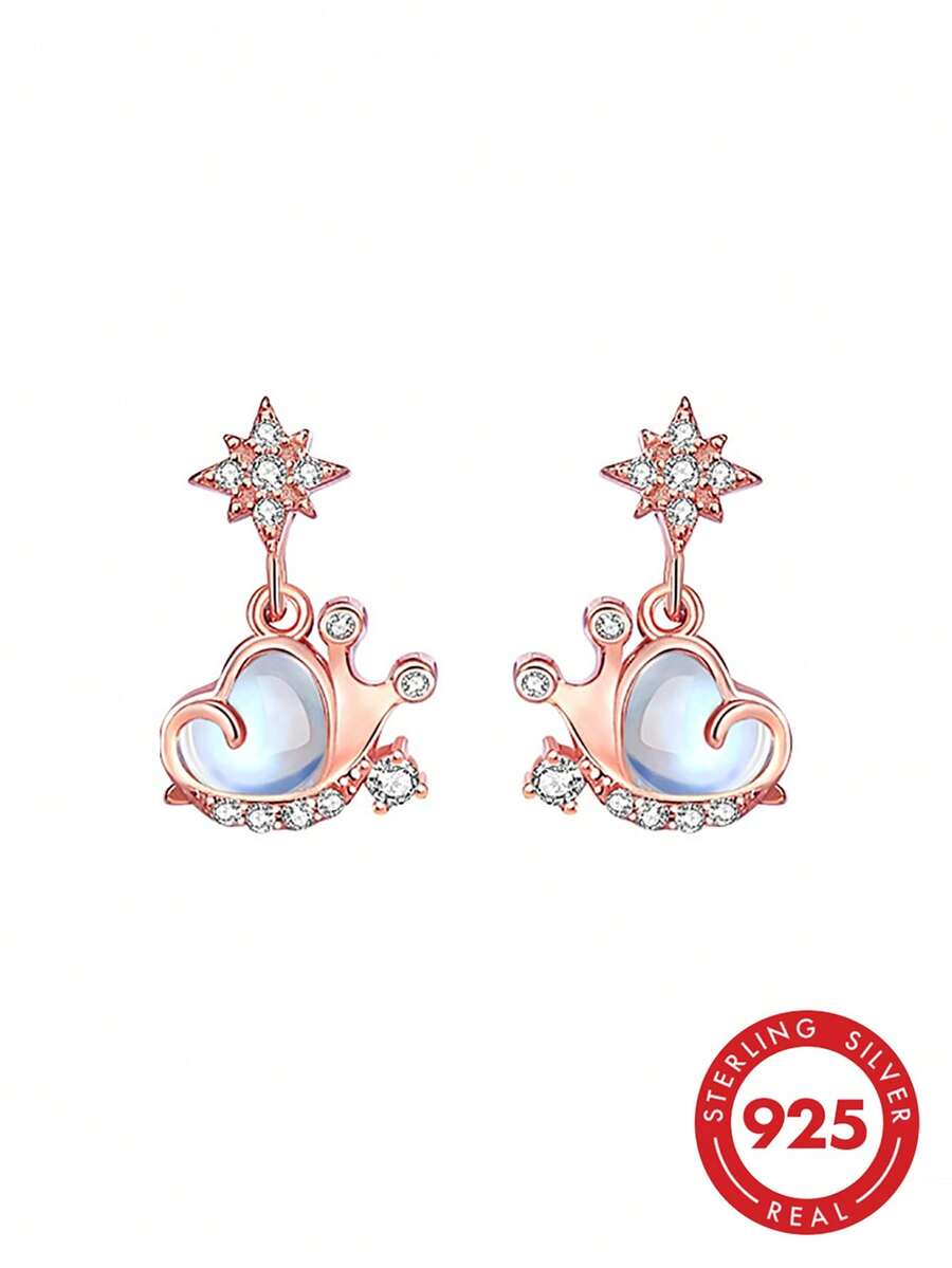 1pc S925 Sterling Silver Rose Gold Crown Heart Stud Earrings With Moonstone And Zirconia Octagonal Star Pendant, Sweet Women's Jewelry - Rose Gold - View 1
