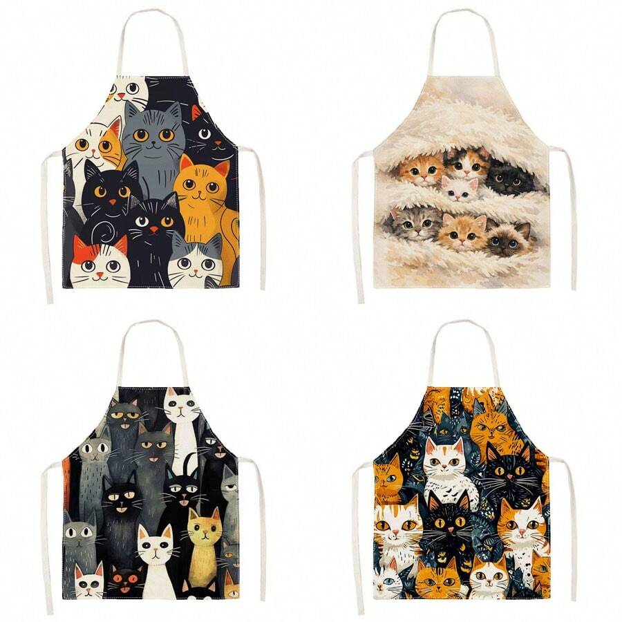 1 pièce Tablier imprimé chat empilé de style dessin animé - Design sans manches, coupe durable et confortable, avec motifs de chats multicolores noir, blanc et orange, convient pour la cuisine, la cuisson et le nettoyage de la maison, le nettoyage ménager, le tablier de ménage, l'uniforme de maison, le tablier de jardinage peint à la main fait main, cadeau de vacances amusant - Multicolore - Voir 1