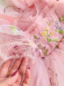 女嬰刺繡花瓣袖鏤空背網紗公主裙，適合女孩生日派對、花童婚禮、重要場合、節日慶祝禮服 - 淺粉色 - 查看 8
